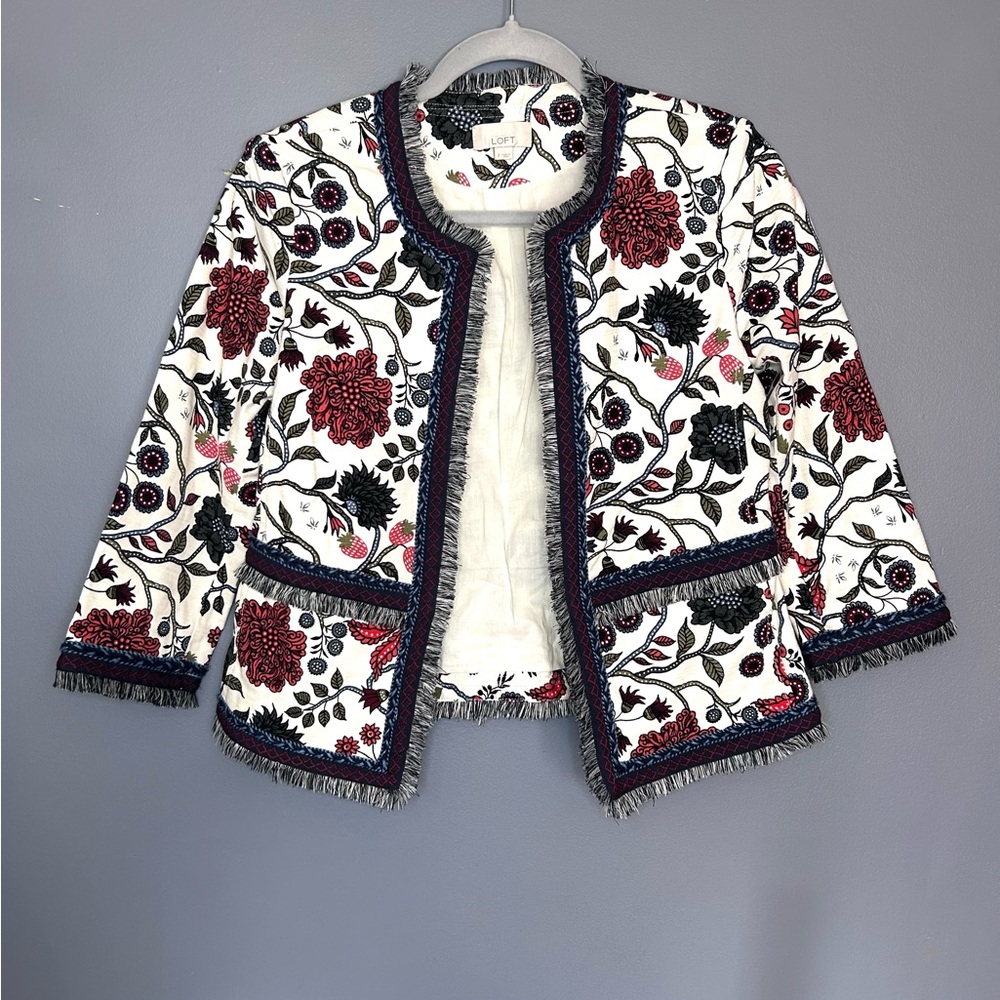LOFT Blazer Womens 2 White Floral Embroidered Collarless Jacket Cottagecore Work